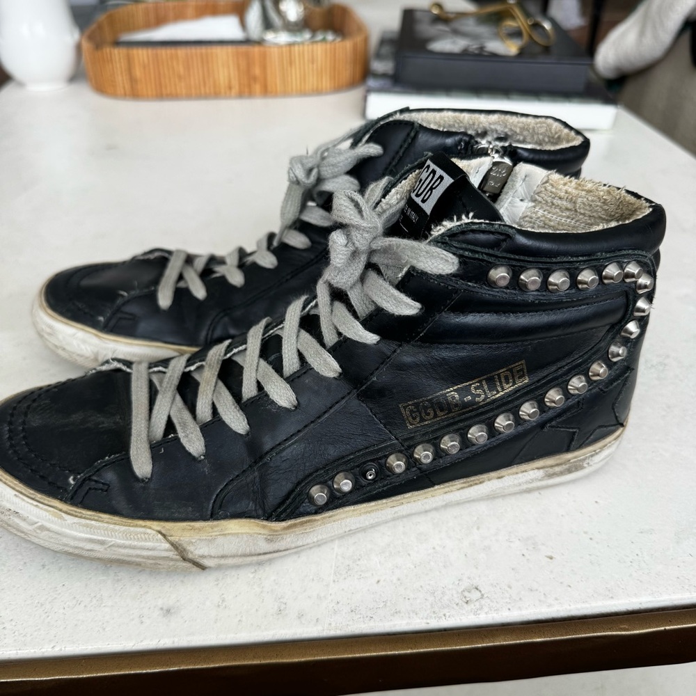 Golden Goose Slide Black High-Tops with Silver Accents